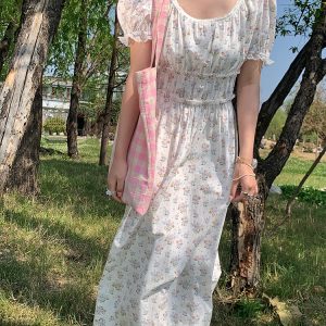 White Peony Lily Floral Dress - Women's Summer Loose Waist-Defined Long Dress in White - Vintage 90s Inspired Korean Style