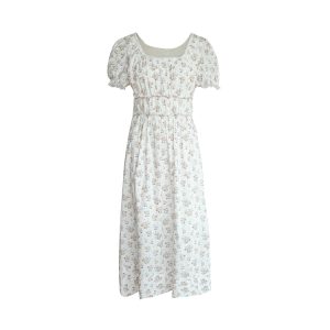 White Peony Lily Floral Dress - Women's Summer Loose Waist-Defined Long Dress in White - Vintage 90s Inspired Korean Style