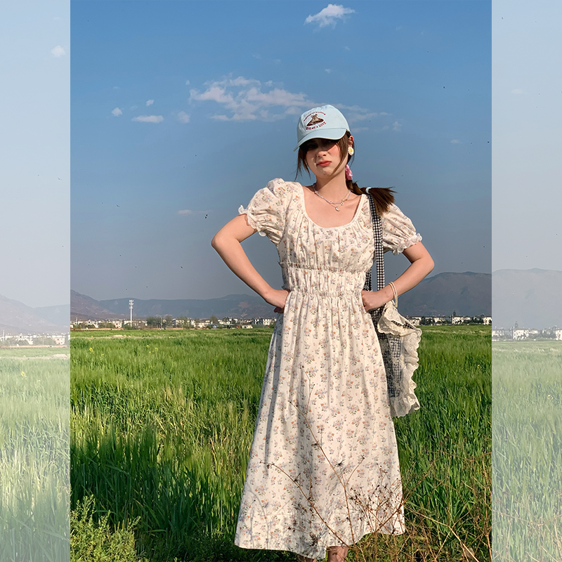 White Peony Lily Floral Dress - Women's Summer Loose Waist-Defined Long Dress in White - Vintage 90s Inspired Korean Style