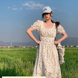 White Peony Lily Floral Dress - Women's Summer Loose Waist-Defined Long Dress in White - Vintage 90s Inspired Korean Style