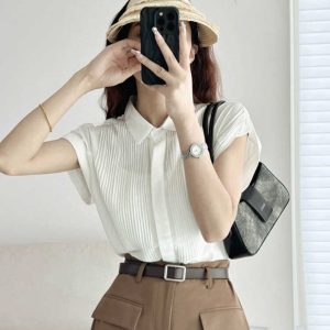 White Pleated Short-Sleeve Shirt for Women - Loose Fit, Single-Breasted, Skin-Friendly, Slimming Summer Casual Top