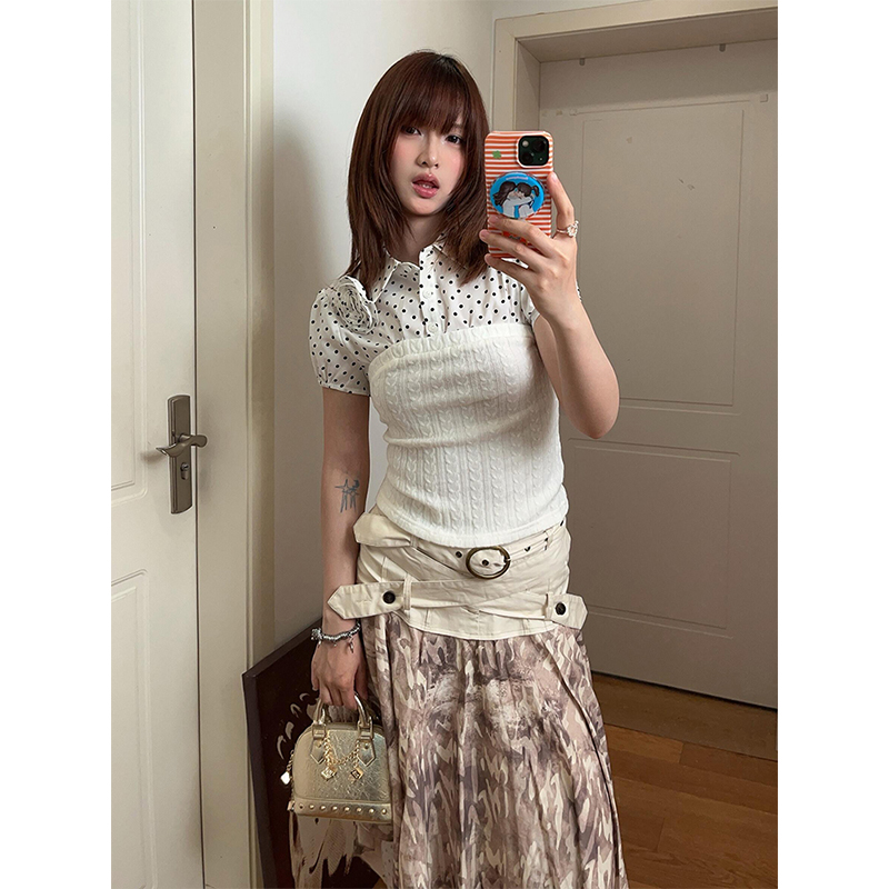 White Polka Dot Strapless Puff Sleeve Top for Women - Summer Spliced Faux Two-Piece Knitted Shirt with Unique Design