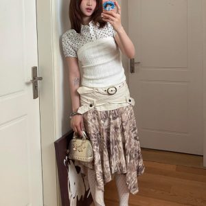 White Polka Dot Strapless Puff Sleeve Top for Women - Summer Spliced Faux Two-Piece Knitted Shirt with Unique Design