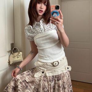 White Polka Dot Strapless Puff Sleeve Top for Women - Summer Spliced Faux Two-Piece Knitted Shirt with Unique Design