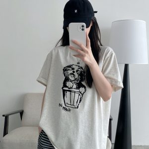 White Printed Short-Sleeve T-Shirt for Women - Loose Round Neck, Spring/Summer Cotton Top with Sun Grapefruit Design, Casual Style