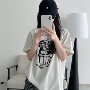 White Printed Short-Sleeve T-Shirt for Women - Loose Round Neck, Spring/Summer Cotton Top with Sun Grapefruit Design, Casual Style