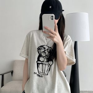 White Printed Short-Sleeve T-Shirt for Women - Loose Round Neck, Spring/Summer Cotton Top with Sun Grapefruit Design, Casual Style