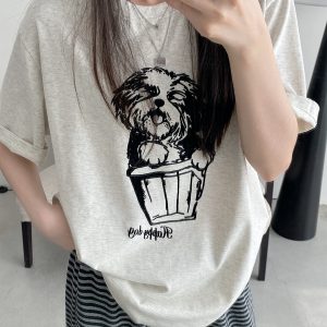 White Printed Short-Sleeve T-Shirt for Women - Loose Round Neck, Spring/Summer Cotton Top with Sun Grapefruit Design, Casual Style