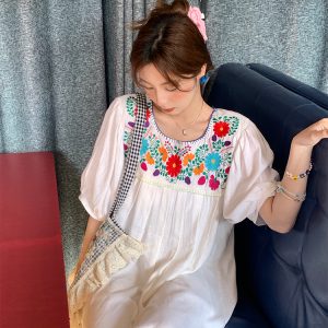 White Retro Embroidered Cotton-Linen Summer Dress for Women, Loose U-Neck Puff Sleeve, Vintage Style, Boho Fashion