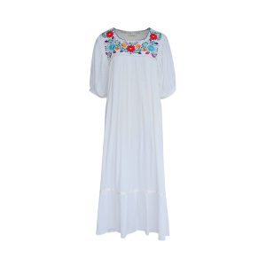 White Retro Embroidered Cotton-Linen Summer Dress for Women, Loose U-Neck Puff Sleeve, Vintage Style, Boho Fashion