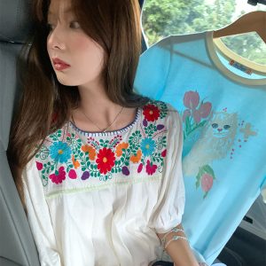 White Retro Embroidered Cotton-Linen Summer Dress for Women, Loose U-Neck Puff Sleeve, Vintage Style, Boho Fashion