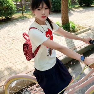 White Round Neck Short-Sleeve T-Shirt for Women with Red Floral Letter Print, Casual Slim Fit Summer Top, Y2K INS Style
