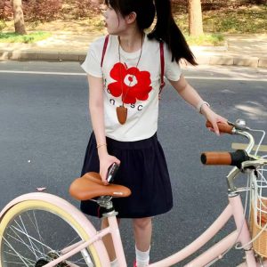 White Round Neck Short-Sleeve T-Shirt for Women with Red Floral Letter Print, Casual Slim Fit Summer Top, Y2K INS Style