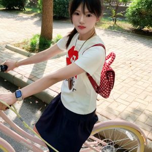 White Round Neck Short-Sleeve T-Shirt for Women with Red Floral Letter Print, Casual Slim Fit Summer Top, Y2K INS Style