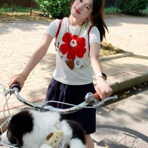 White Round Neck Short-Sleeve T-Shirt for Women with Red Floral Letter Print, Casual Slim Fit Summer Top, Y2K INS Style