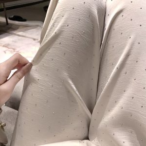 White Satin Wide-Leg Pants for Women with Rhinestone Detail, Loose Fit, Flattering Draping, Versatile Y2K Style Long Trousers