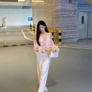 White Satin Wide-Leg Pants for Women with Rhinestone Detail, Loose Fit, Flattering Draping, Versatile Y2K Style Long Trousers