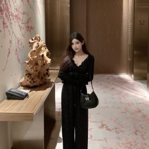 White Satin Wide-Leg Pants for Women with Rhinestone Detail, Loose Fit, Flattering Draping, Versatile Y2K Style Long Trousers