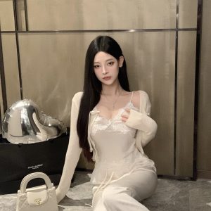 White Satin Wide-Leg Pants for Women with Rhinestone Detail, Loose Fit, Flattering Draping, Versatile Y2K Style Long Trousers