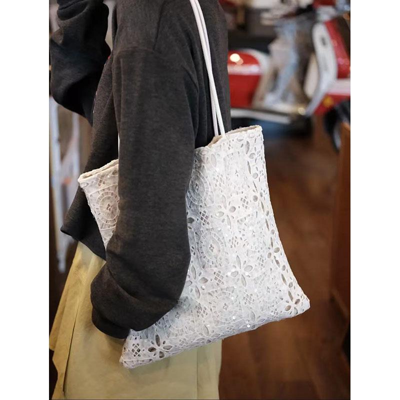 White Sequined Lace Handbag with Hollow Design - Large Capacity Commuter Tote & Shoulder Bag for Chic Everyday Style White Sequined Lace Handbag with Hollow Design - Large Capacity Commuter Tote & Shoulder Bag for Chic Everyday Style