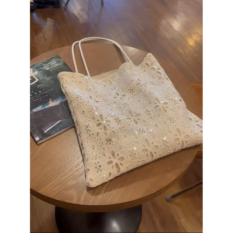 White Sequined Lace Handbag with Hollow Design - Large Capacity Commuter Tote & Shoulder Bag for Chic Everyday Style