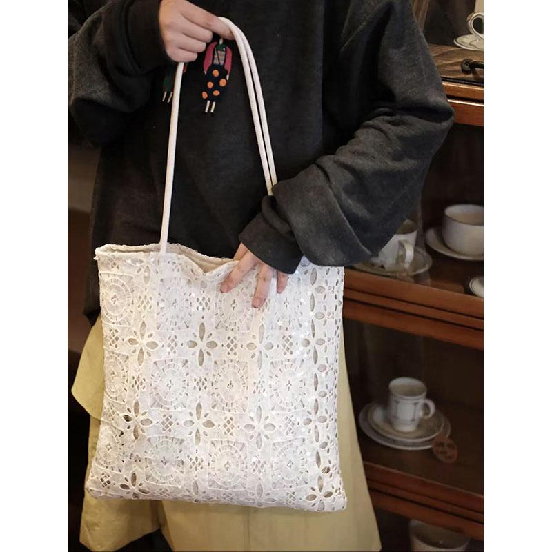 White Sequined Lace Handbag with Hollow Design - Large Capacity Commuter Tote & Shoulder Bag for Chic Everyday Style White Sequined Lace Handbag with Hollow Design - Large Capacity Commuter Tote & Shoulder Bag for Chic Everyday Style