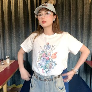 White Short Sleeve Floral Oil Painting T-Shirt for Women, Summer Pure Cotton, Loose Fit, Round Neck, Vintage Style Top