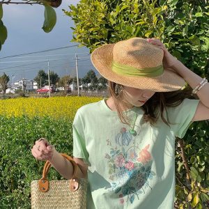 White Short Sleeve Floral Oil Painting T-Shirt for Women, Summer Pure Cotton, Loose Fit, Round Neck, Vintage Style Top