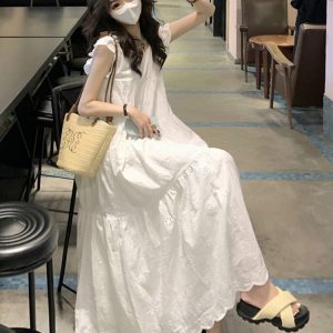 White Short Sleeve Plus Size A-Line Dress for Women, Summer Flattering Loose Fit, Elegant and Comfortable, Perfect for Chubby Figures