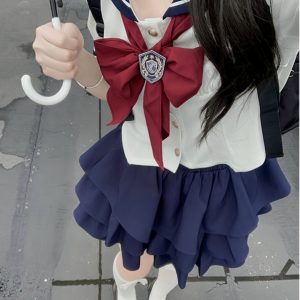 White Short-Sleeve Sailor Suit JK Uniform Set with Waist-Cinching Design - Cute Pudding Bear Style for Y2K Fashion