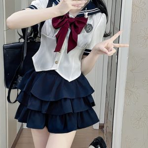 White Short-Sleeve Sailor Suit JK Uniform Set with Waist-Cinching Design - Cute Pudding Bear Style for Y2K Fashion