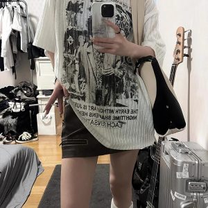 White Short Sleeve T-Shirt for Women - Summer Punk Print, Loose Off-Shoulder Top, Y2K Fashion, Subculture Style
