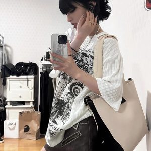 White Short Sleeve T-Shirt for Women - Summer Punk Print, Loose Off-Shoulder Top, Y2K Fashion, Subculture Style