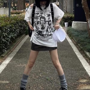 White Short Sleeve T-Shirt for Women - Summer Punk Print, Loose Off-Shoulder Top, Y2K Fashion, Subculture Style