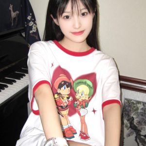 White Short Sleeve Women's Japanese-Style Color-Block Cartoon Print Heavyweight T-Shirt - Summer Half-Sleeve Couple Top