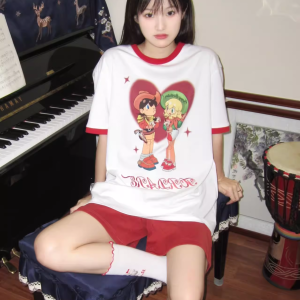 White Short Sleeve Women's Japanese-Style Color-Block Cartoon Print Heavyweight T-Shirt - Summer Half-Sleeve Couple Top