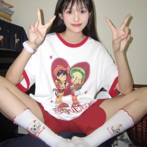 White Short Sleeve Women's Japanese-Style Color-Block Cartoon Print Heavyweight T-Shirt - Summer Half-Sleeve Couple Top