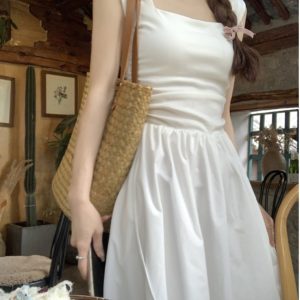 White Sleeveless French-Style Dress for Women, Summer Square Neck, Waist-Cinching, Slimming Long Dress - Elegant 90s Fashion