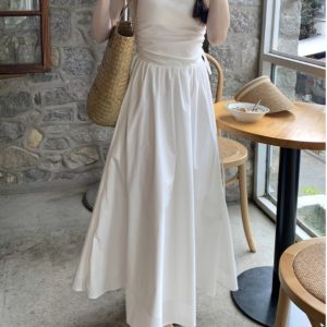 White Sleeveless French-Style Dress for Women, Summer Square Neck, Waist-Cinching, Slimming Long Dress - Elegant 90s Fashion