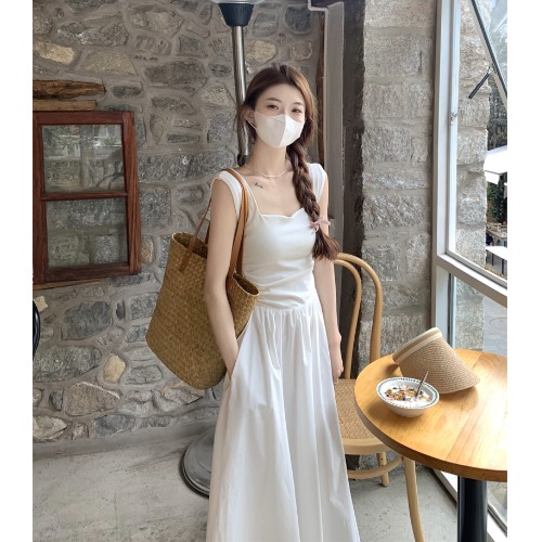 White Sleeveless French-Style Dress for Women, Summer Square Neck, Waist-Cinching, Slimming Long Dress - Elegant 90s Fashion