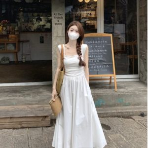White Sleeveless French-Style Dress for Women, Summer Square Neck, Waist-Cinching, Slimming Long Dress - Elegant 90s Fashion