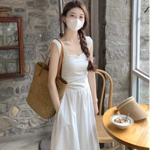 White Sleeveless French-Style Dress for Women, Summer Square Neck, Waist-Cinching, Slimming Long Dress - Elegant 90s Fashion