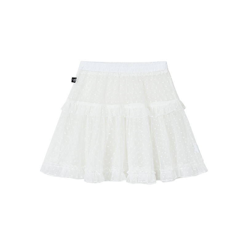 White Snow Lace Mesh Polka Dot Ruffled Elastic Waist Layered Sheer Half Skirt - Cute Y2K Style Party Skirt for Trendy Outfits