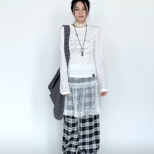 White Snow Lace Mesh Polka Dot Ruffled Elastic Waist Layered Sheer Half Skirt - Cute Y2K Style Party Skirt for Trendy Outfits