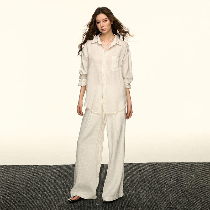 White Sun-Protective Linen Long Sleeve Shirt and Relaxed Ramie Pants Set for Women - Chic Summer Outfit