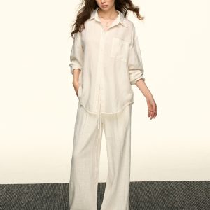 White Sun-Protective Linen Long Sleeve Shirt and Relaxed Ramie Pants Set for Women - Chic Summer Outfit