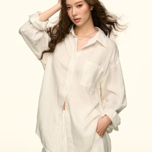 White Sun-Protective Linen Long Sleeve Shirt and Relaxed Ramie Pants Set for Women - Chic Summer Outfit