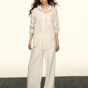 White Sun-Protective Linen Long Sleeve Shirt and Relaxed Ramie Pants Set for Women - Chic Summer Outfit