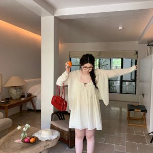 White Thin Knit Cardigan for Women - Soft, Sun-Protective Layering Item, Slightly Chubby, Misty Girl Style