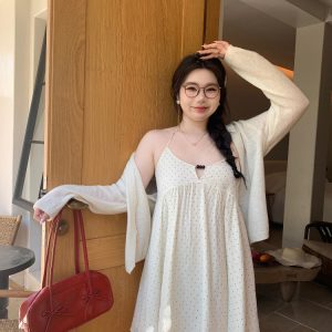 White Thin Knit Cardigan for Women - Soft, Sun-Protective Layering Item, Slightly Chubby, Misty Girl Style